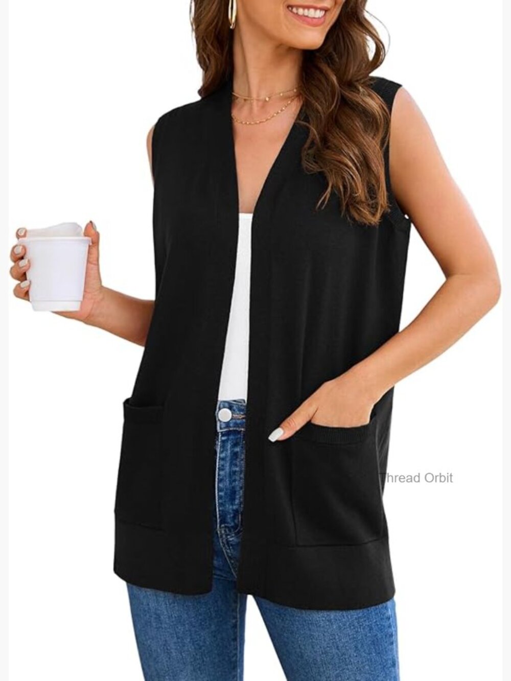 Sleeveless Cardigan Sweater with Pockets